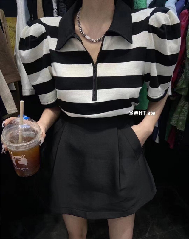 [wht] French small fragrance Bubble Sleeve Striped Polo Shirt 5028\wtt