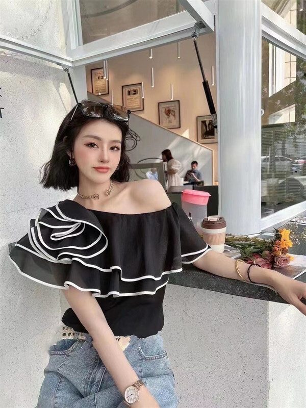 [Yashili] heavy industry contrast color Ruffle one shoulder collar shirt 6177\pcz
