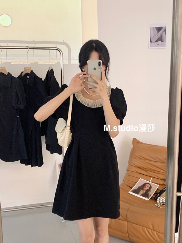 [MSTUDIO MANSA] square neck lotus leaf lace dress 6711\ll