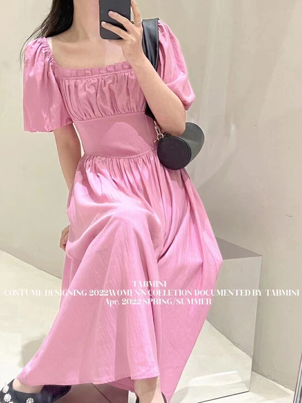 [SYL] square neck waist closing bubble sleeve length dress (dress only) 5210\l