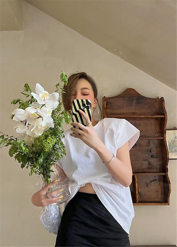 [keep] straight shoulder Pullover solid short sleeve T-shirt 7821\wtt