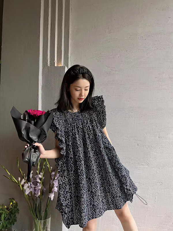 [mi ni] French floral wood ear edge small fly sleeve dress 1245\pcz