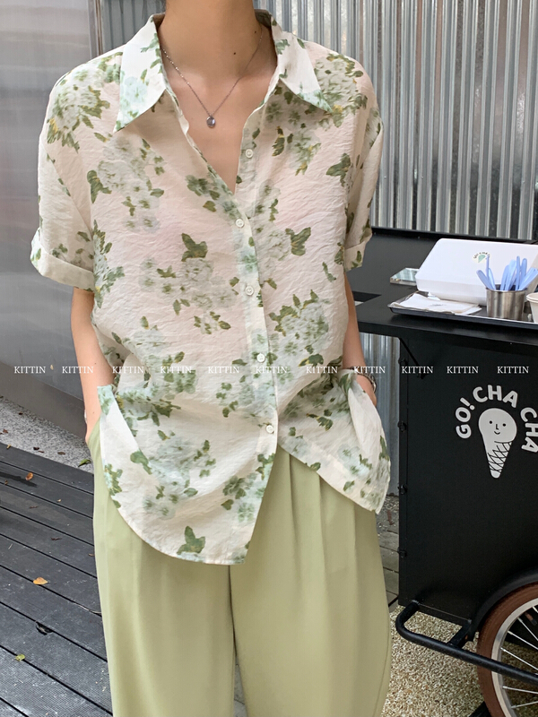 【 Kittin 】 Korean Tencel printed short sleeve shirt 8572