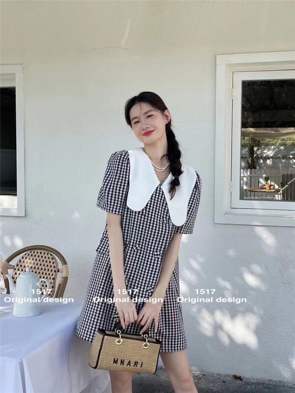 [1517] Korean bubble sleeve contrast double breasted dress 998\zjy