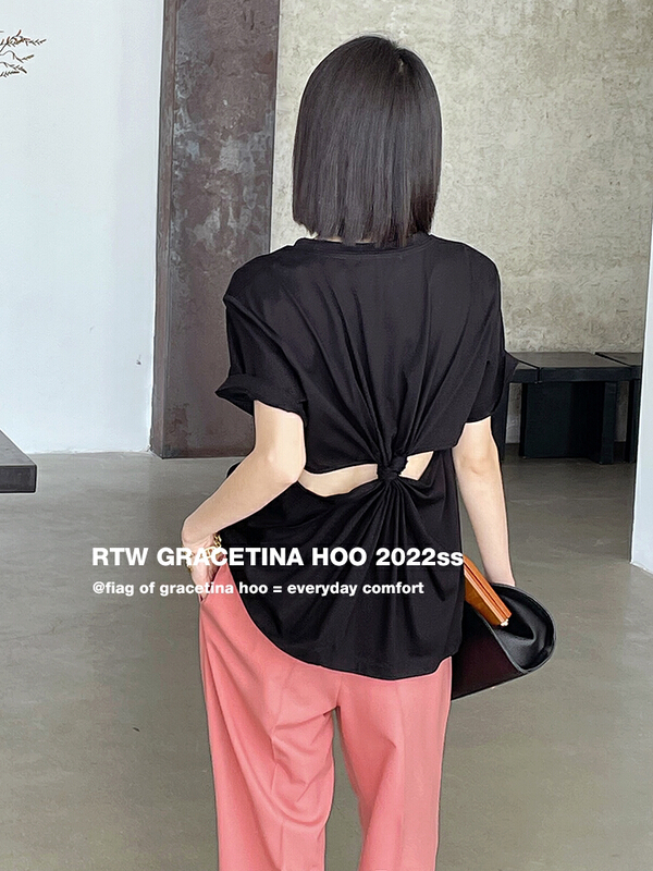 [gracetina Hoo] design sense machine back knot short sleeve T-shirt shoulder pad vertical right angle shoulder ys1-t6198