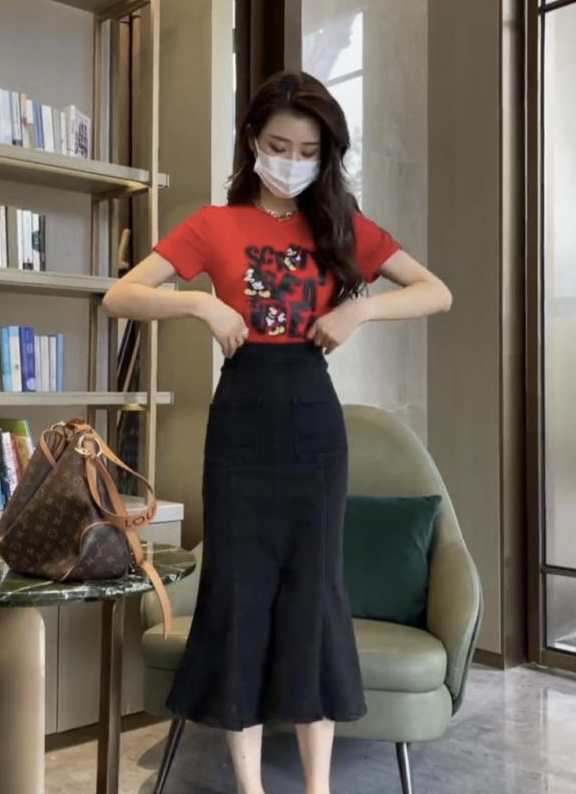 [JH] strange cartoon cotton T-shirt + wash cowboy skirt set (only sell set) 42031\pcz