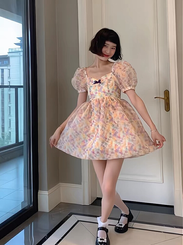 [jun.t] square neck bubble sleeve floral dress 6073\pcz