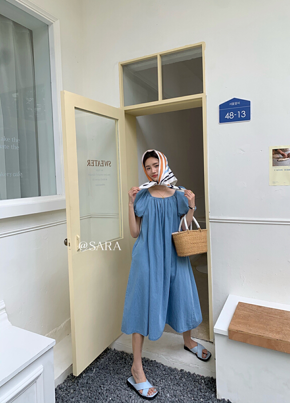 【 Sara 】 Korean round neck denim dress 8804