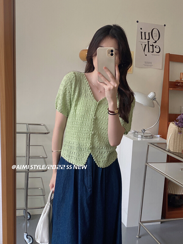 [aimistyle] French V-neck short exquisite knitted cardigan 9517\hbx