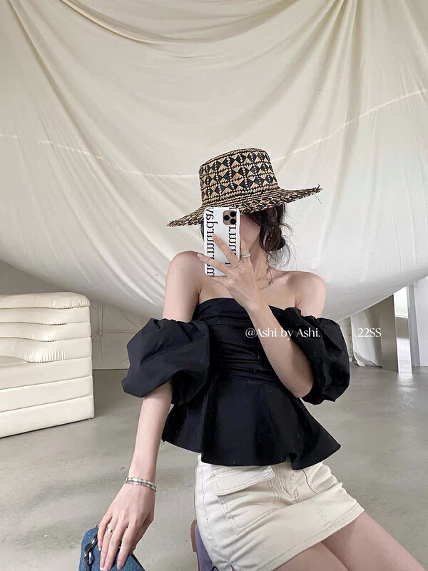 [wgwe] design off shoulder bubble sleeve shirt 1759\pcz