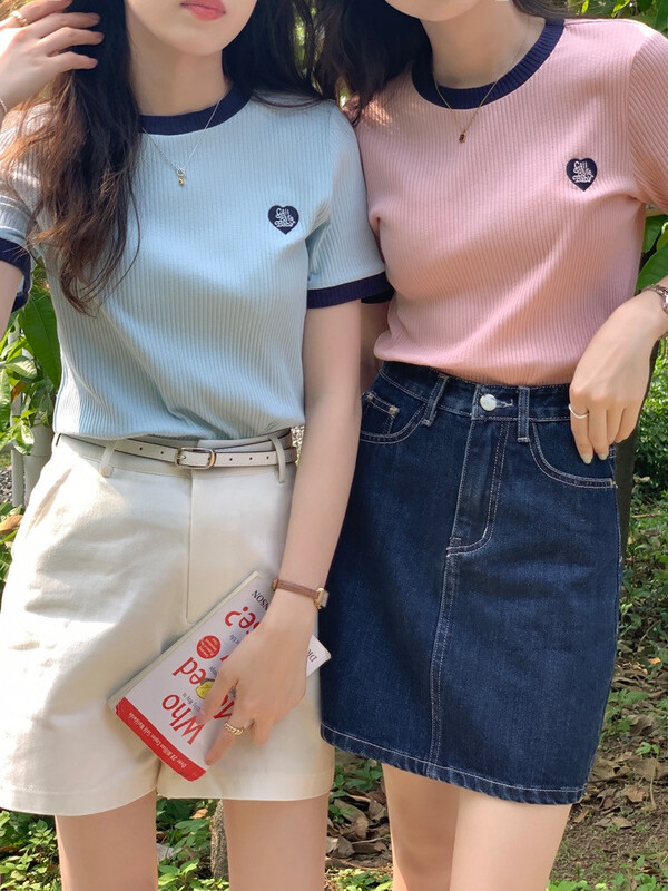 【 miss sumey millet 】 round neck contrast color love embroidery short sleeve T-shirt 2428\hbx