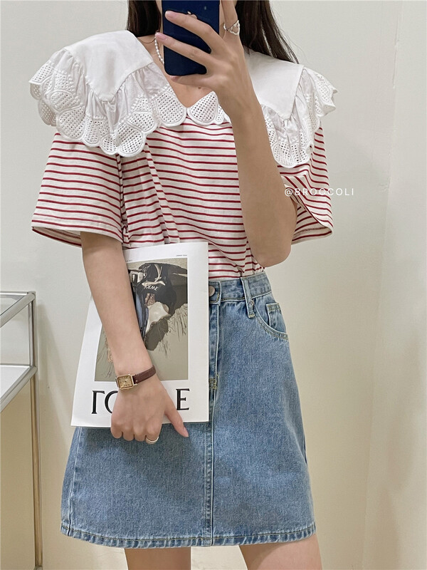 【 broccoli 】 large lapel stripe versatile lace shirt 8113\zjy