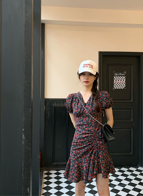 [wgwe] sweet V-neck drawstring waist dress 1879\pcz