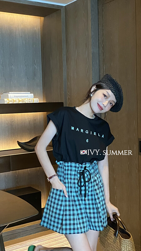 [Ivy] versatile round neck printed letters short sleeve T-shirt + simple loose check Shorts Set 88300\jhy