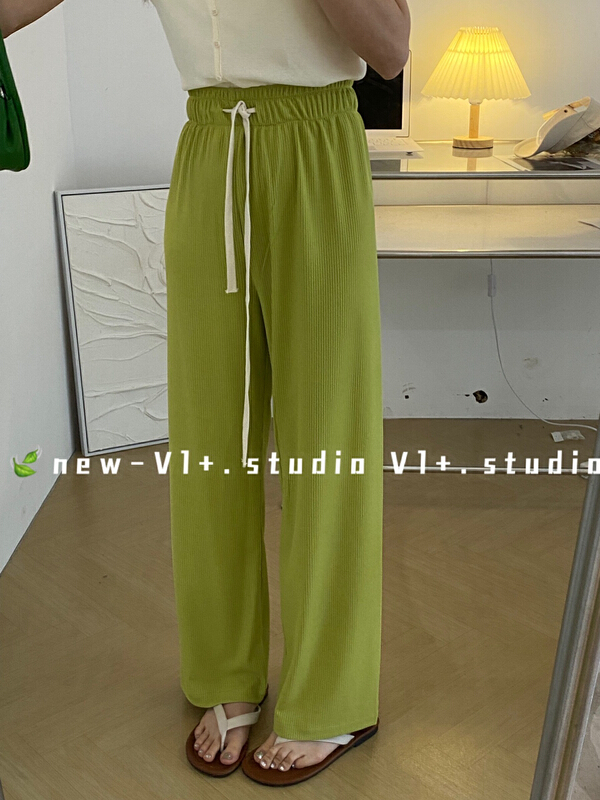 [vi+] simple pleated loose elastic waist tie casual pants 2630\lsw