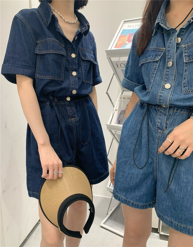 [t-platform] Korean waistband versatile Denim Short Sleeve Jumpsuit 8502\zxx
