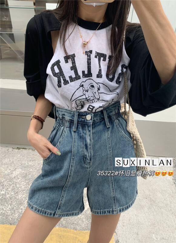[plain blue] high waist slim comfortable denim shorts 35322 × LSL