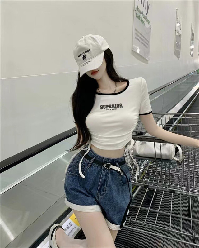[top] Spice Girls' side drawstring letter printed short sleeve T-shirt 9087\zjy