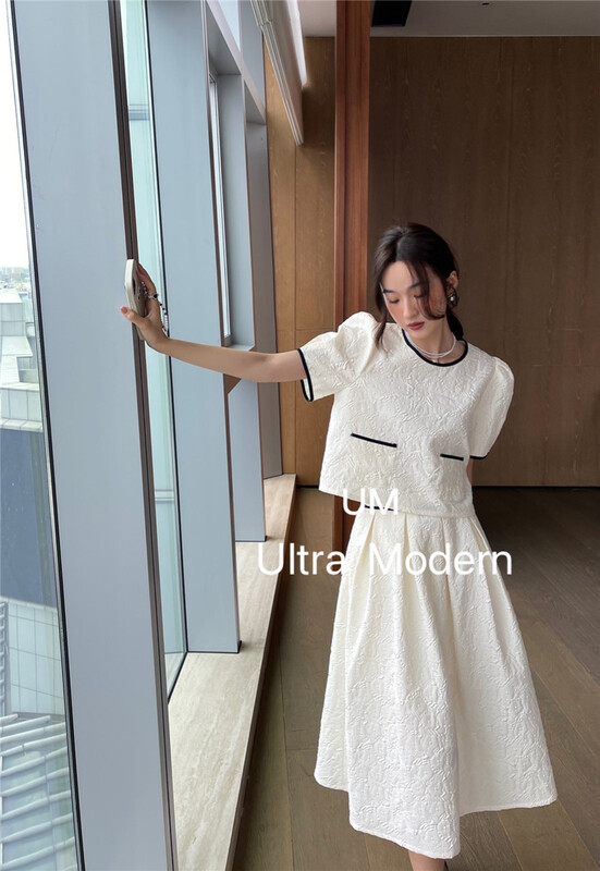 [um micron] Korean mild round neck pullover shirt + medium length skirt set 66530\hjy