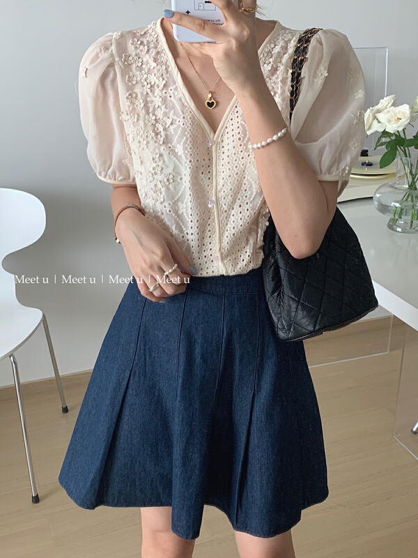 [meetu] V-neck lace soft style shirt 22383\hbx