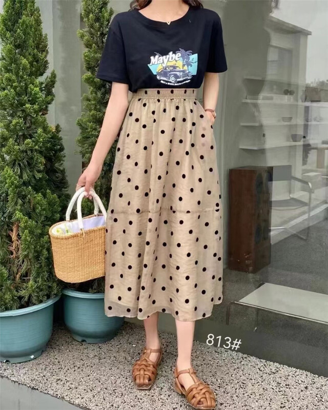 [thousands of products] temperament lady big wave point flocking skirt ys2-813\hjy