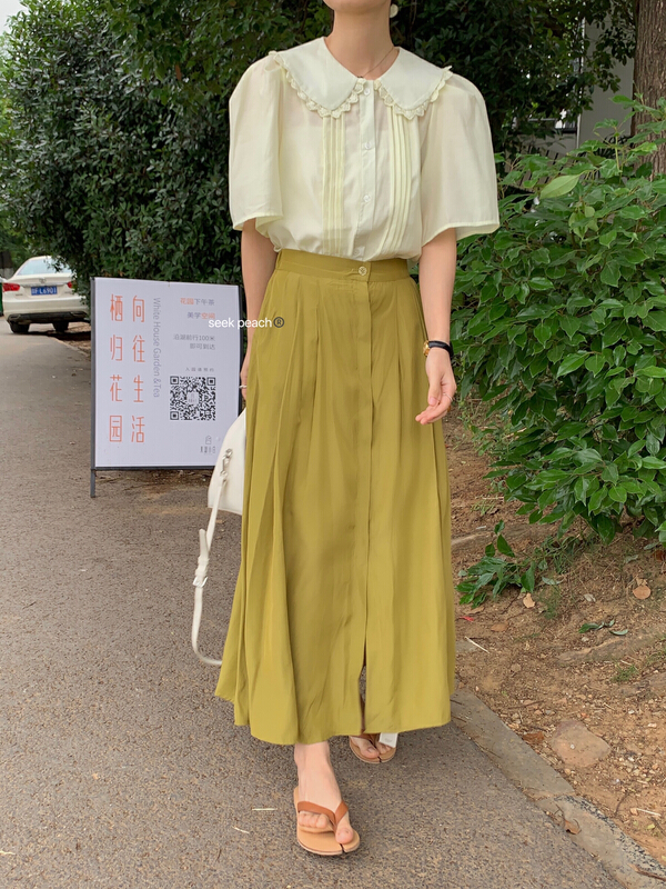 [seek peach] simple temperament, clean color, versatile Tencel skirt 5298\ll