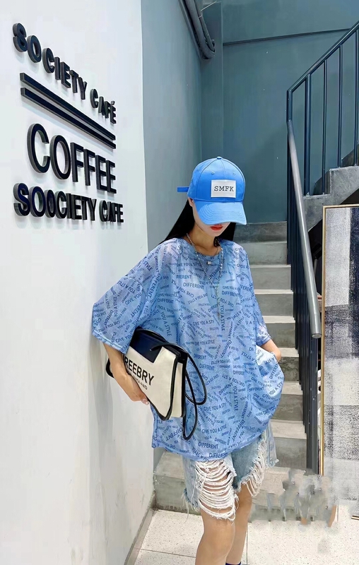 [Irene] round neck lettered AOP loose short sleeve T-shirt 2374\wtt