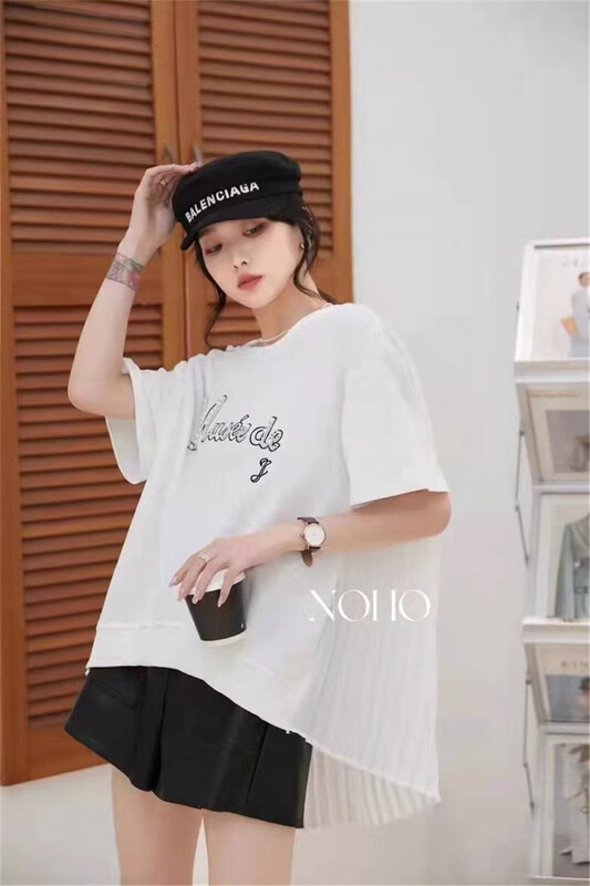 [monob] letter pearl pleated short sleeve T-shirt 7327\l