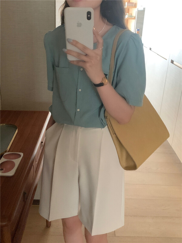 [feeding] Korean version solid color double pocket Round Neck Shirt 3529-d6\cqw
