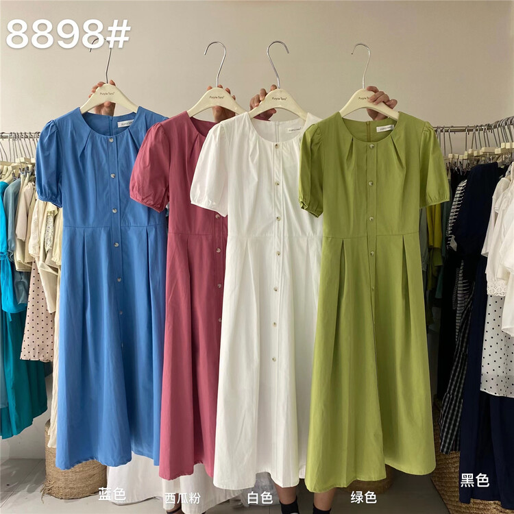 [purple potato home] fresh and simple single breasted short sleeve dress 8898\hbx