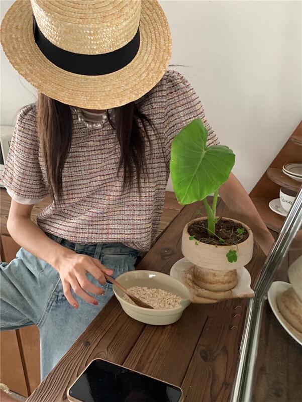 [Moco Moco - small a family] small fragrance color contrast design loose woolen short sleeve T-shirt 861\pcz