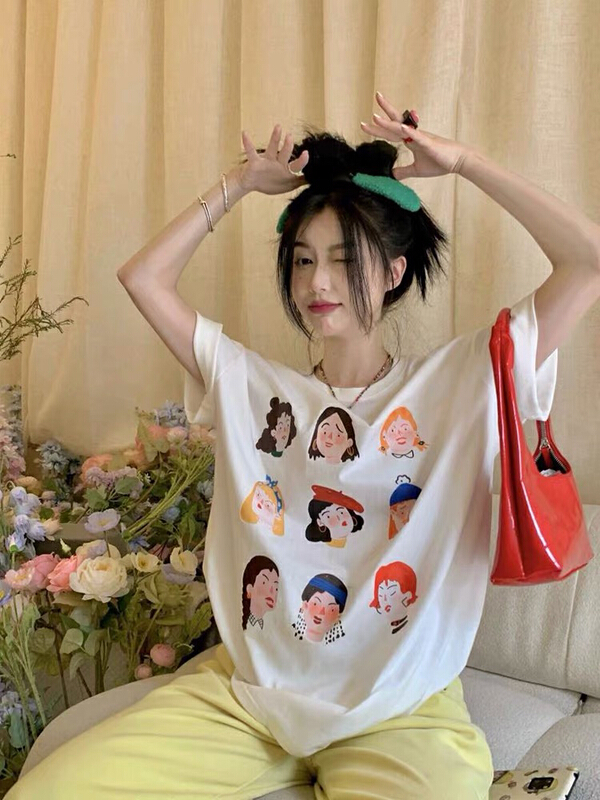 [miss Xixi] design sense niche cartoon printed short sleeve T-shirt 1557\l