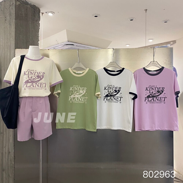 [June] fresh color contrast print versatile short sleeve T-shirt 802963\xyy