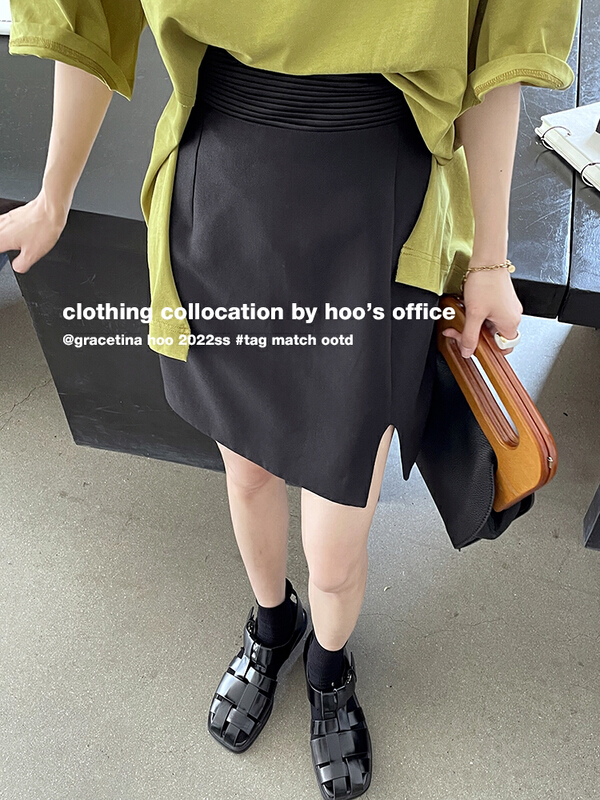 [gracetina Hoo] simple wide waist pleated side slit slightly loose slim H-shaped skirt bq369\zxl