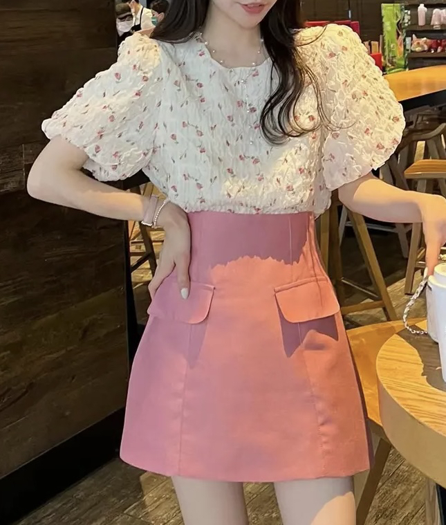 [JH] net red Xiaoxiang Lantern Sleeve Top + hip wash skirt suit (only suit) 41894\pcz