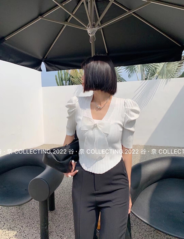 [pan] French temperament versatile V-neck large bow design knit shirt (with Brooch) 00310\pcz