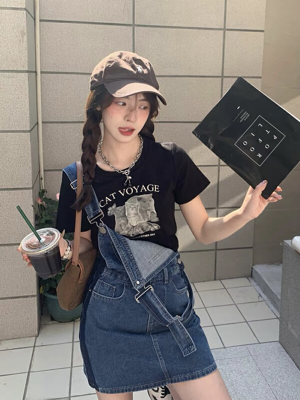 [JH] net red pattern letter cotton T-shirt + wash cowboy strap Skirt Set (only sell set) 41876\pcz