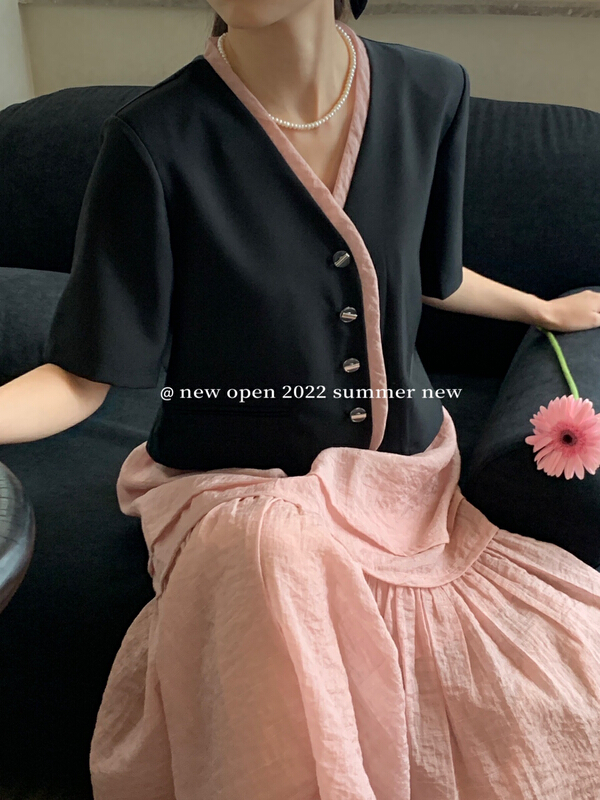 [new open] V-neck contrast color single breasted slim fitting jacket xw22876\zxx