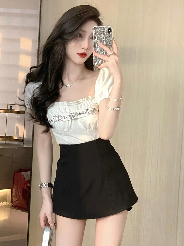 [by] pure desire girl one line collar Rhinestone shirt 6486\pcz