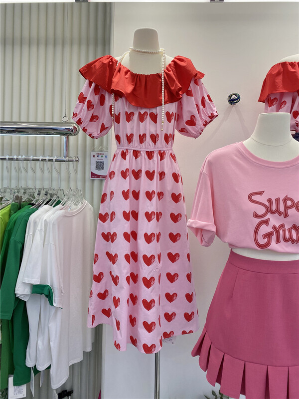 [HS customized in Korea] Korean Ladies' Ruffle love Printed Dress 6290\hjy