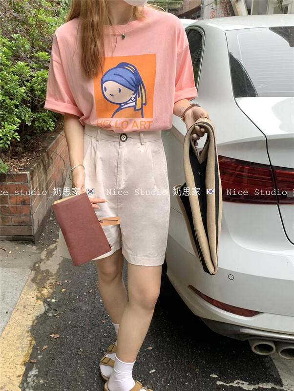 [naisijia] Korean versatile round neck cartoon printed short sleeve T-shirt 0763\zjy