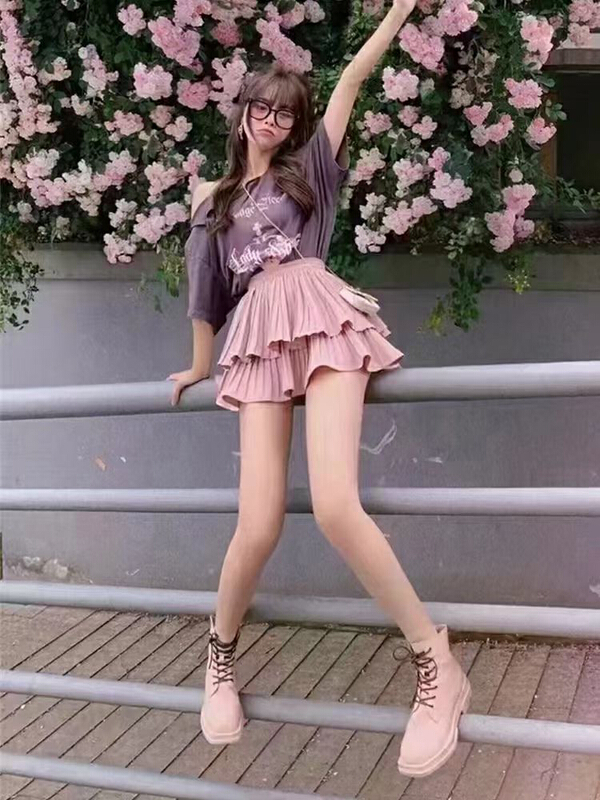 [JH] letter printed short sleeve T-shirt + pleated slim Skirt Set (excluding matching) 41834\pcz