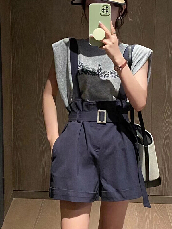 [JH] net red letter cotton T-shirt + washing suspender suit (with belt) 41987\pcz