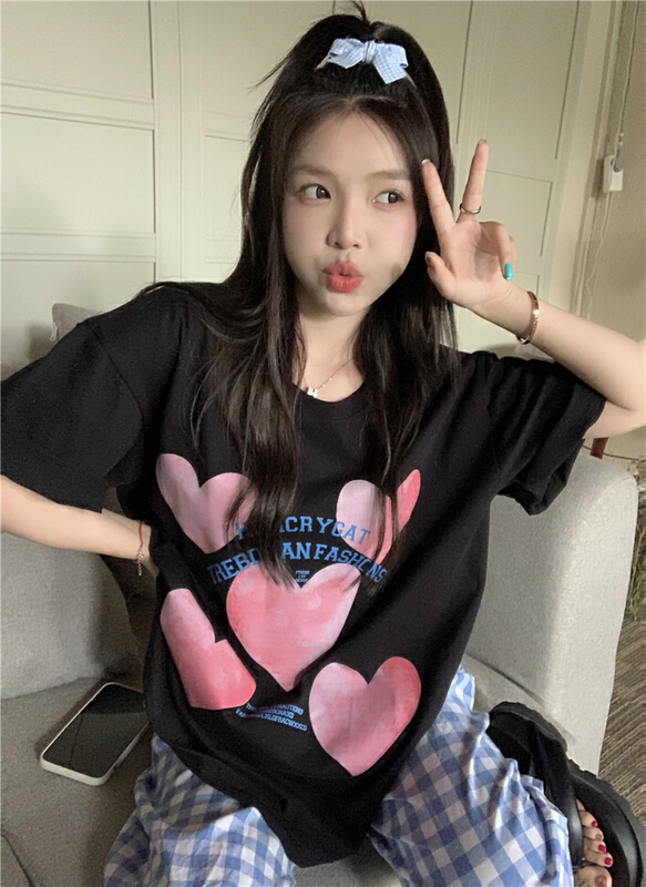 [timely rain] Han Feng ins ghost horse girl sweet design sense of love printed short sleeve T-shirt 2354\wpl
