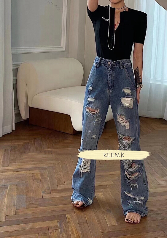 [keen k] Korean minority retro washed ragged jeans p56\wtt