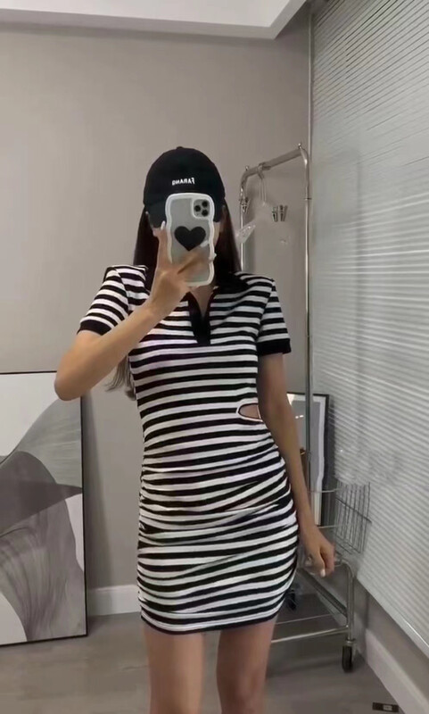 [top] hot girls show off their waist and look thin. Polo collar dress 9083\zjy