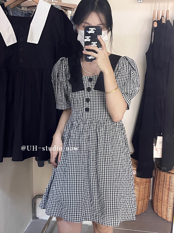 [uh] Korean version simple and versatile loose contrast color square collar age reducing doll dress 7827\hjy