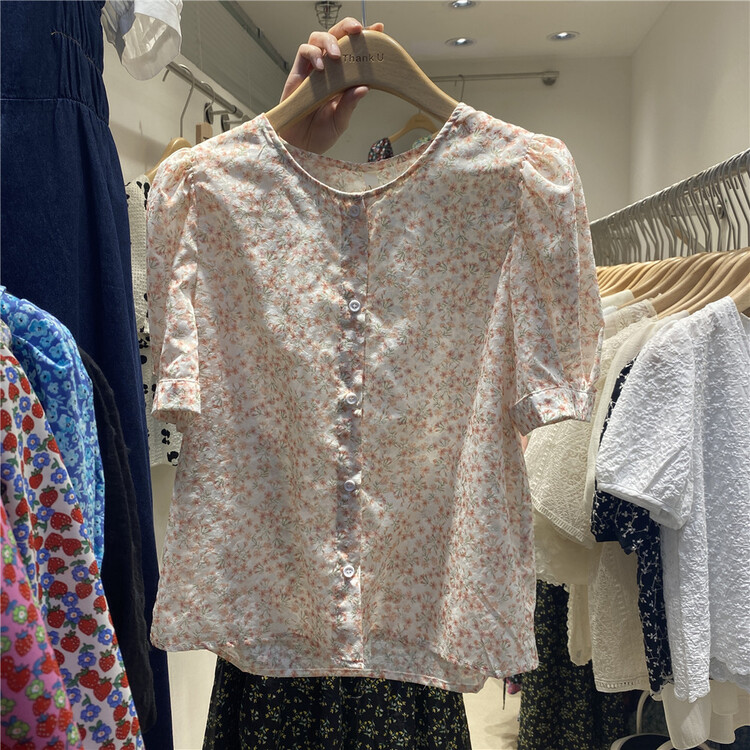 [thanku] Korean round neck floral bubble sleeve shirt 225\zjy