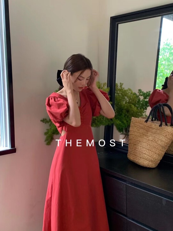 [the most] V neck and waist solid dress 9607-1\hbx