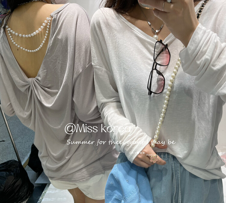 [Miss Korea] simple solid color wide truffle back sunscreen shirt (chain can not be removed) 6862\hbx
